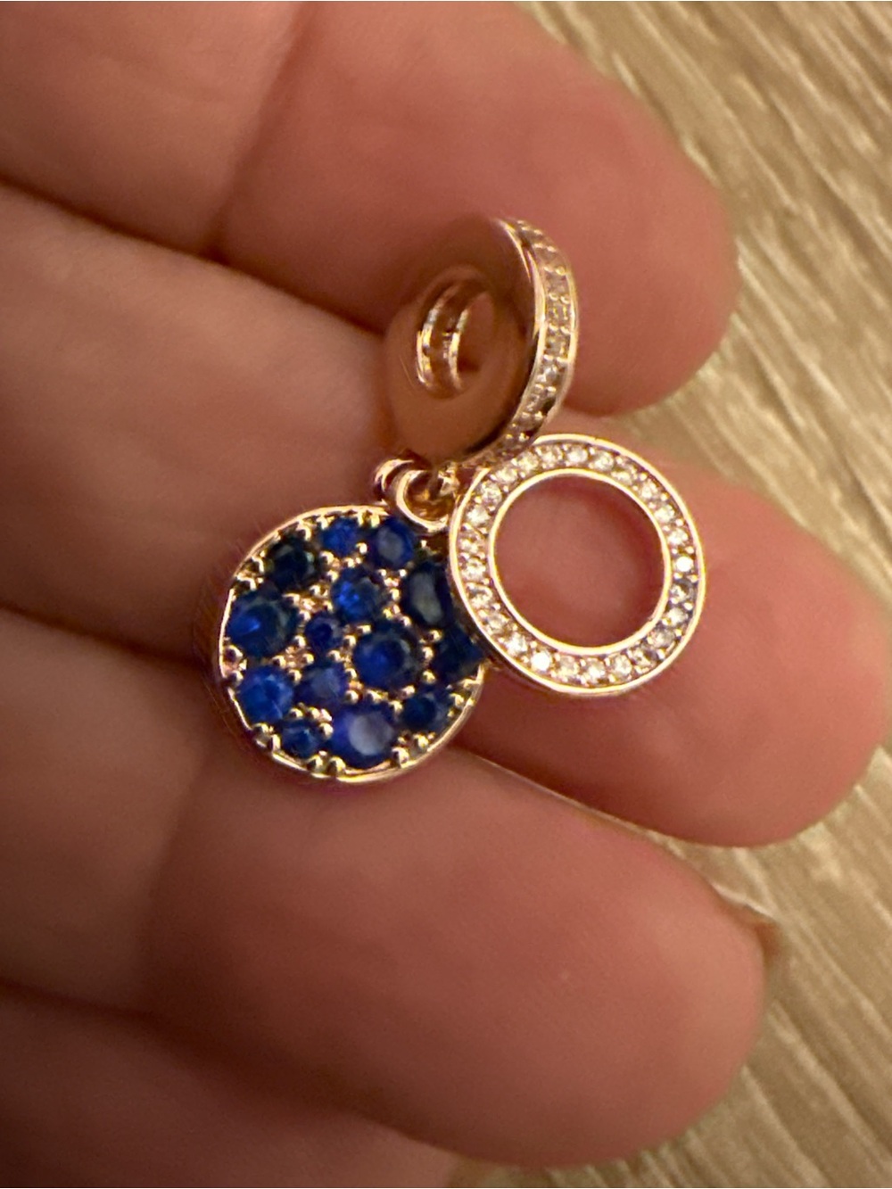 Elegant Rose gold  Blue Crystal and CZ Circle Dangle Charm - Women Jewelry